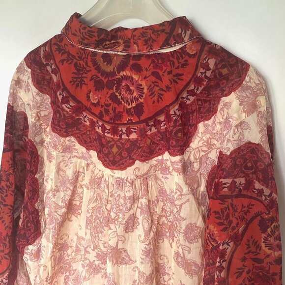 Free People Rose Bud Paisley Cotton Oversized Boho Blouse Red Cream Lightweight - Picture 5 of 14